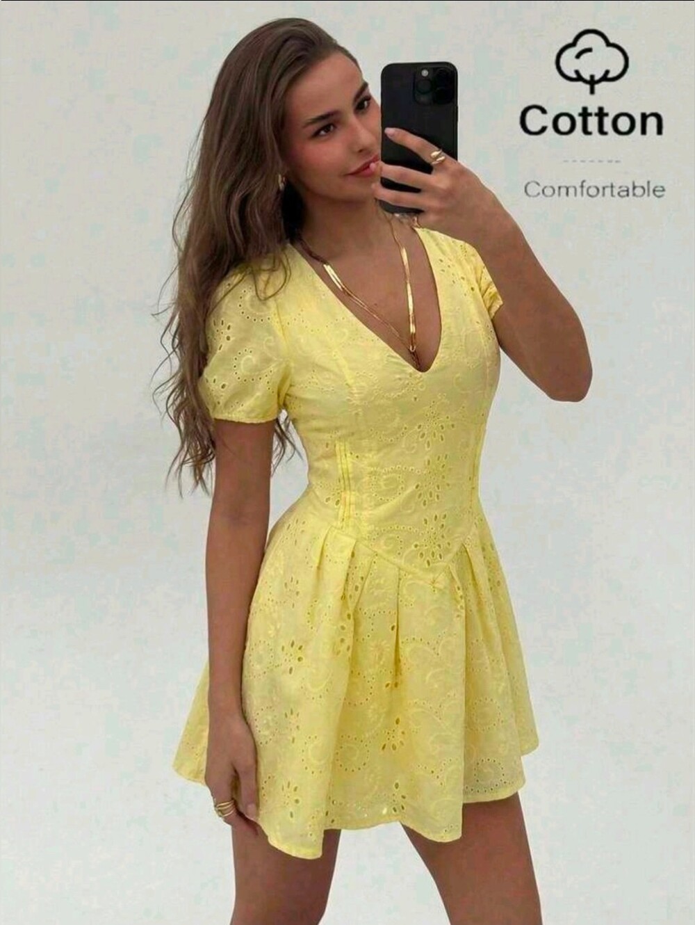 Aloruh Yellow Eyelet V-Neck Short Dress